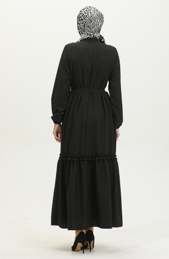 Half Buttoned Frilly Belted Dress 0404-05 Black 0404-05