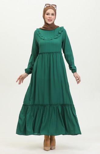 فستان سادة بتصميم كشكش 0405-04 لون أخضر زمردي 0405-04