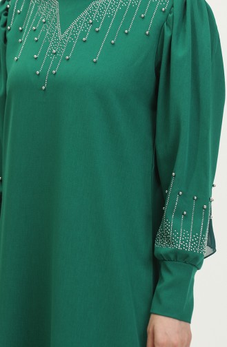 فستان بتصميم مُطبع بأحجار لامعة 0406-04 لون أخضر زمردي 0406-04