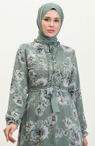 Gül Desenli Kuşaklı Şifon Elbise 81832-03 Mint Yeşili