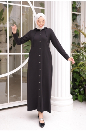 Manteau Hijab Boutonné Devant Brc0033 0033-01 Noir 0033-01