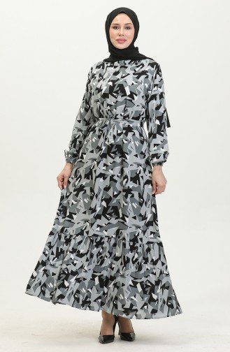 Mixed Pattern Belted Viscose Dress 0420-01 Gray 0420-01
