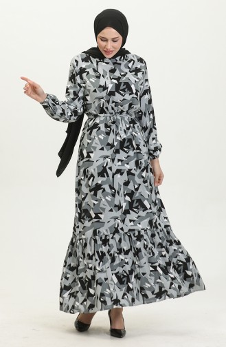 Mixed Pattern Belted Viscose Dress 0420-01 Gray 0420-01