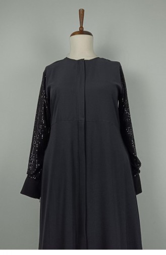 Grote Maat Mouwen Pailletten Gedetailleerd Abaya Zwart F36 1318