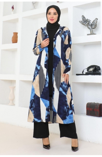 Costume Hijab à Motifs Géométriques 4027-03 Bleu Marine 4027-03