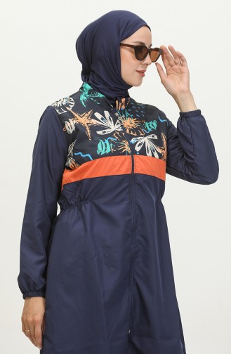 ملابس سباحة Elif Okur للحجاب الصغير مغطاة بالكامل باللون الأزرق الداكن والبرتقالي 7553 7553