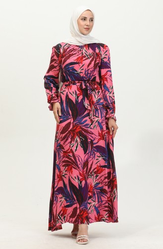 Patterned Elastic Sleeve Dress 60411-01 Pink Purple 60411-01