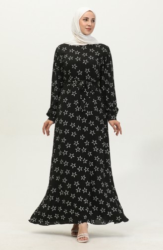 Desenli Kuşaklı Viskon Elbise 60412-01 Siyah