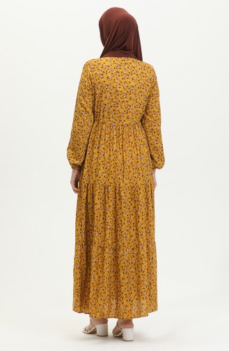 Daisy Pattern Gathered Viscose Dress 0423-02 Mustard 0423-02