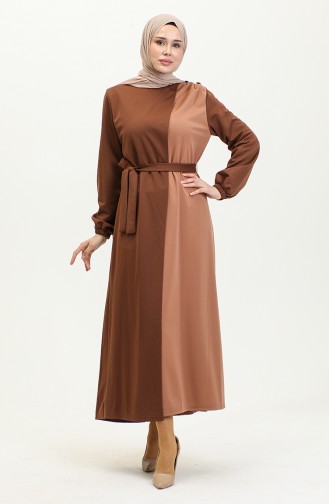Garnished Belted Hijab Dress Brc1123 1123-01 Brown Light Wheat 1123-01