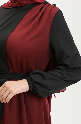 Garnished Belted Hijab Dress Brc1123 1123-05 Black Claret Red 1123-05