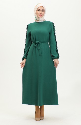 فستان قصة مستقيمة بأكمام من الكشكش 2002-02 لون أخضر زمردي 2002-02