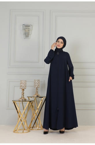 Full-length Zippered Medina Silk Abaya 2305-03 Navy Blue 2305-03