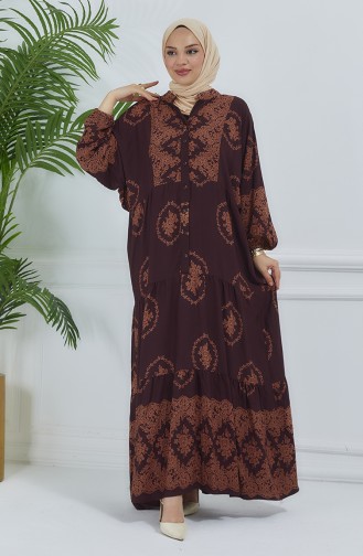 Balloon Sleeve Patterned Dress 5585-05 Brown 5585-05