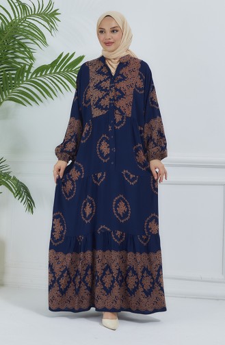 Balloon Sleeve Patterned Dress 5585-02 Navy Blue 5585-02