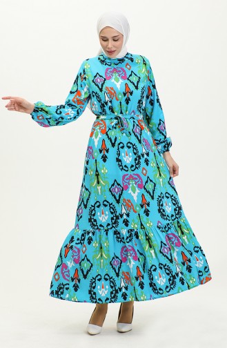 Colored Viscose Dress With Gathered Skirt 0427-02 Turquoise 0427-02