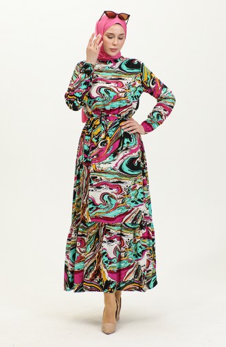 Mixed Pattern Belted Viscose Dress 0424-01 Black Pink 0424-01