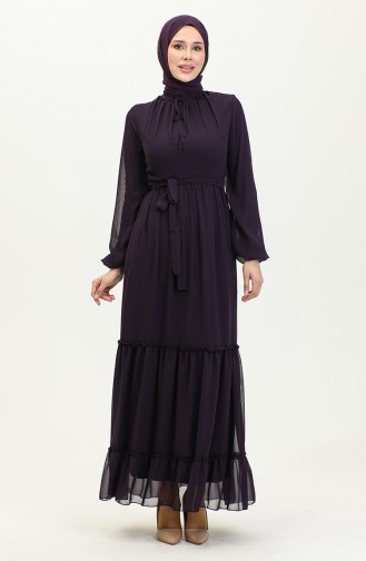 Gathered Belted Chiffon Dress 5726-02 Purple 5726-02