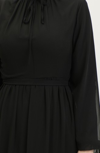 Robe Mousseline à Ceinture Et Fronces 5726-01 Noir 5726-01