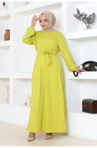 Belt Detailed Hijab Dress 2086-02 Acid Green 2086-02