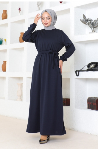 Gürteldetailliertes Hijab-Kleid 2086-05 Marineblau 2086-05