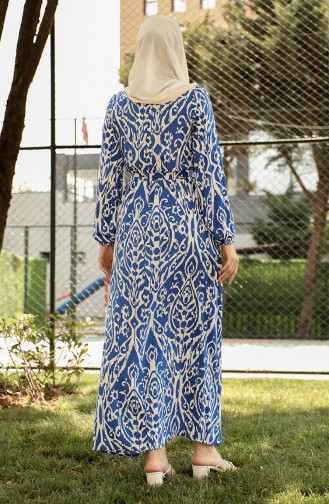 Patterned Belted Viscose Dress 0439-05 İndigo 0439-05