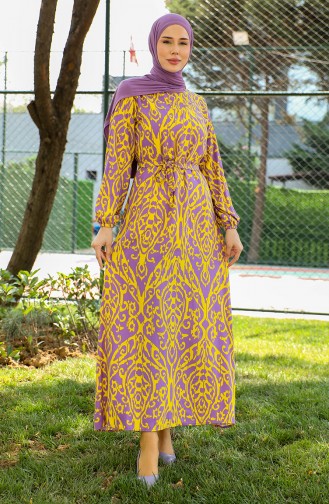 Patterned Belted Viscose Dress 0439-02 Yellow 0439-02