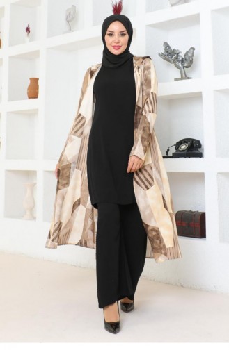 4027Sgs Geometric Patterned Hijab Set Brown 17102