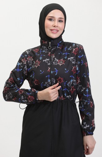 Maillot De Bain Hijab Taille Elastique à Motifs Ancre 5038-02 Rouge Noir 5038-02