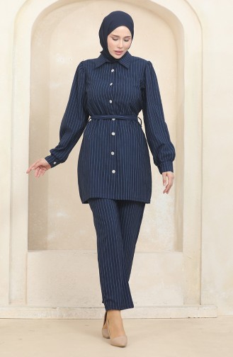 Buttoned Striped Suit 0435-03 Navy Blue 0435-03