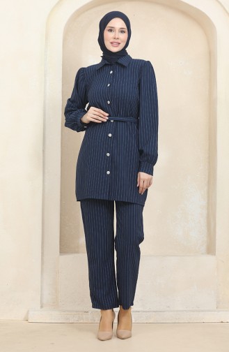 Buttoned Striped Suit 0435-03 Navy Blue 0435-03