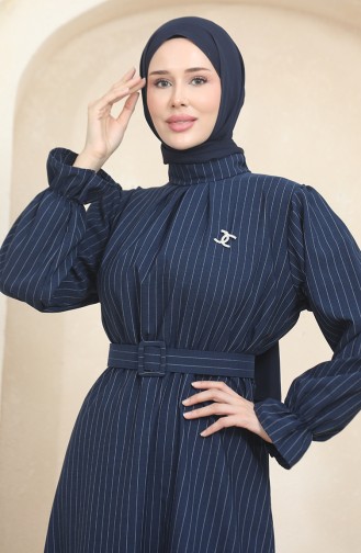 Striped Belted Dress 0434-01 Navy Blue 0434-01