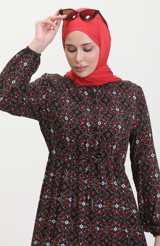 Patterned Buttoned Viscose Dress 0441-01 Black Red 0441-01