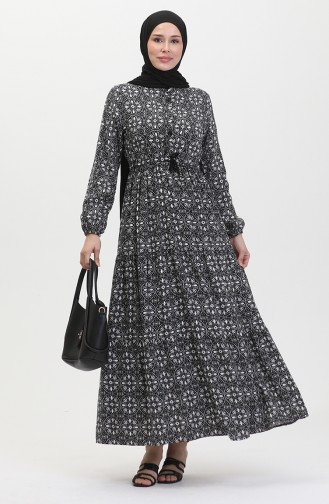 Patterned Buttoned Viscose Dress 0441-05 Black white 0441-05