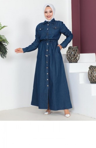 Collar Detailed Hijab Dark Denim Dress 290