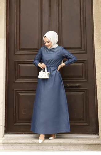 Parel Gedetailleerde Hijab Donkere Denimjurk 367