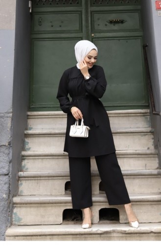 Frill Detailed Hijab Black Suit 369