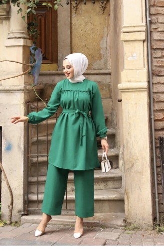 Frill Detailed Hijab Green Suit 370