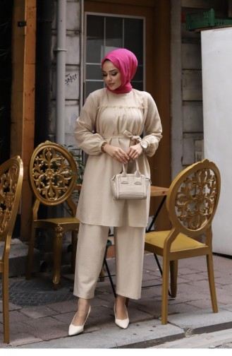 Frill Detailed Hijab Beige Suit 372