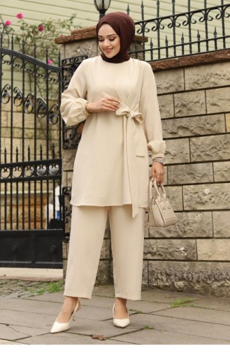 Side Tied Hijab Beige Suit 388