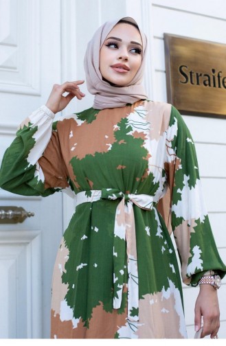 Leaf Patterned Hijab Green Dress 451