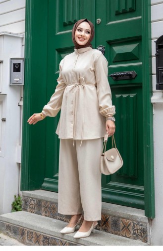 Judge Collar Detailed Hijab Beige Suit 469