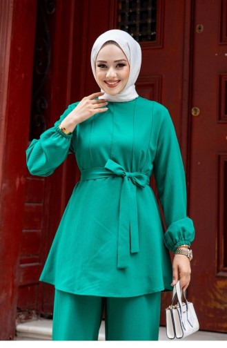 Hijab Green Suit With Stitching Detail 473