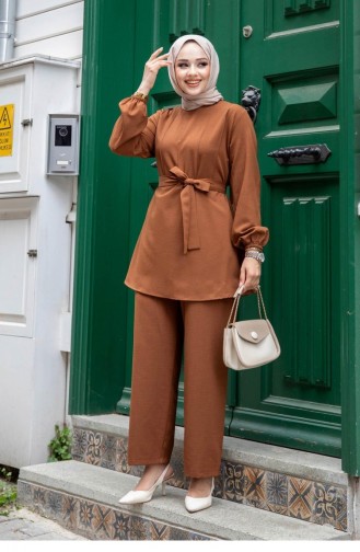 Hijab Brown Suit With Stitching Detail 475