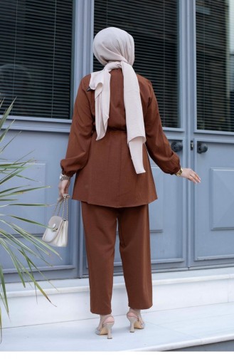 Bronze Detailed Hijab Brown Suit 484