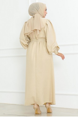 Button Detailed Hijab Beige Dress 505