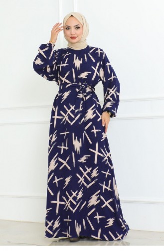 Belted Waist Brush Patterned Dress Indigo 4335 507