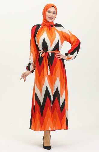 Patterned Viscose Dress 0438-07 Orange Black 0438-07