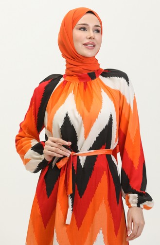 Patterned Viscose Dress 0438-07 Orange Black 0438-07