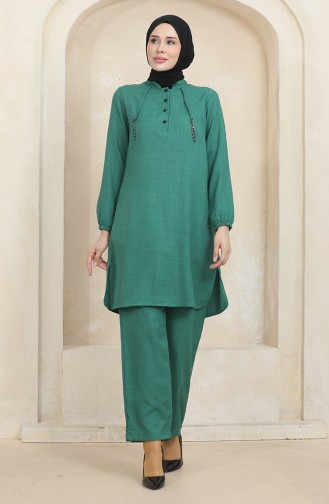 Button Detailed Tunic Trousers Two Piece Suit 1004-02 Green 1004-02